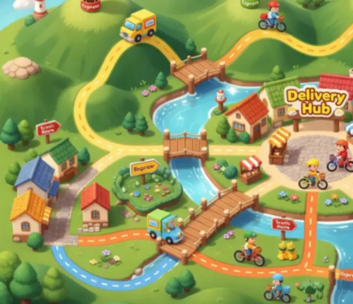 Przegląd map Easy Delivery Co. z górskimi drogami i miejskimi ulicami