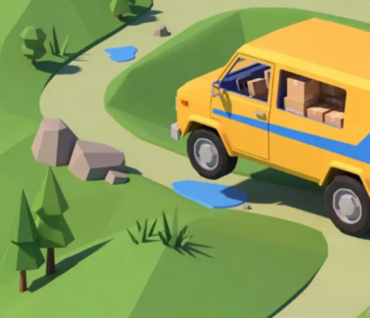 Dostawczy van z Easy Delivery Co. podskakujący na nierównej drodze z paczkami na pace
