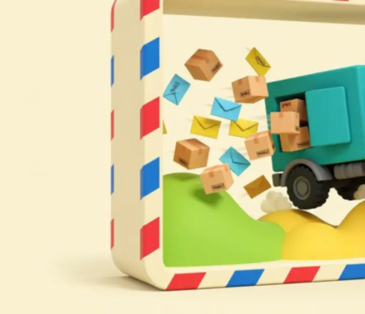 Ciężarówka Easy Delivery Co. skacząca po wzgórzu z kartonami w powietrzu