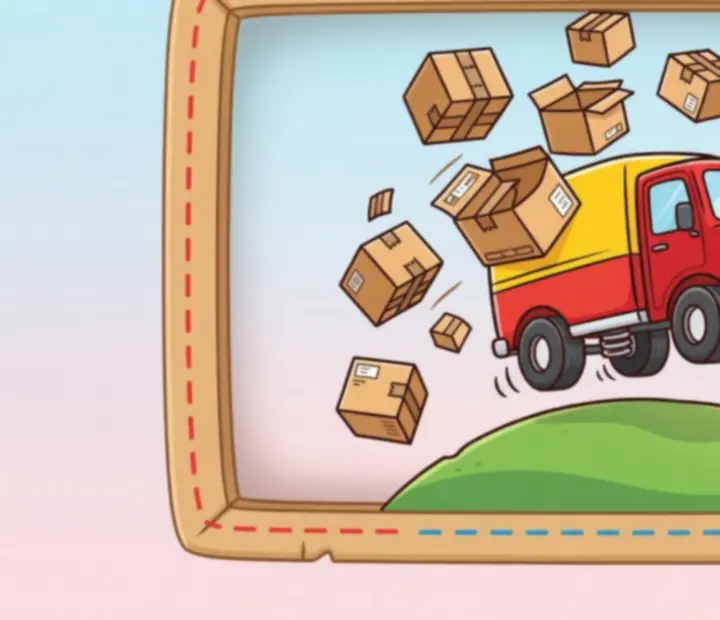 Ilustracja skaczącej furgonetki dostawczej Easy Delivery Co. z latającymi kartonami