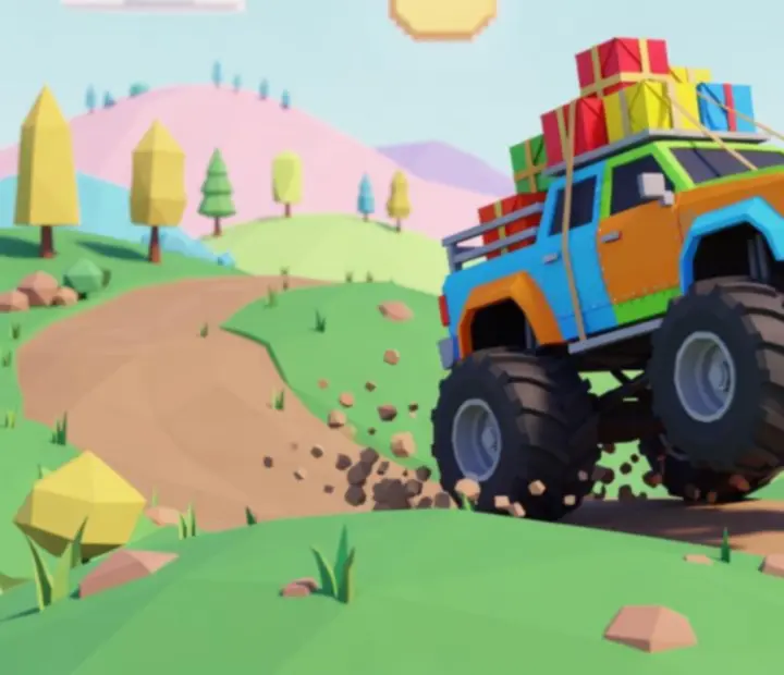 Ciężki Monster Delivery Rig z ogromnymi kołami i paczkami na pace