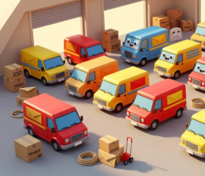 Wirtualny hangar Easy Delivery Co. z kilkoma kolorowymi pojazdami kurierskimi